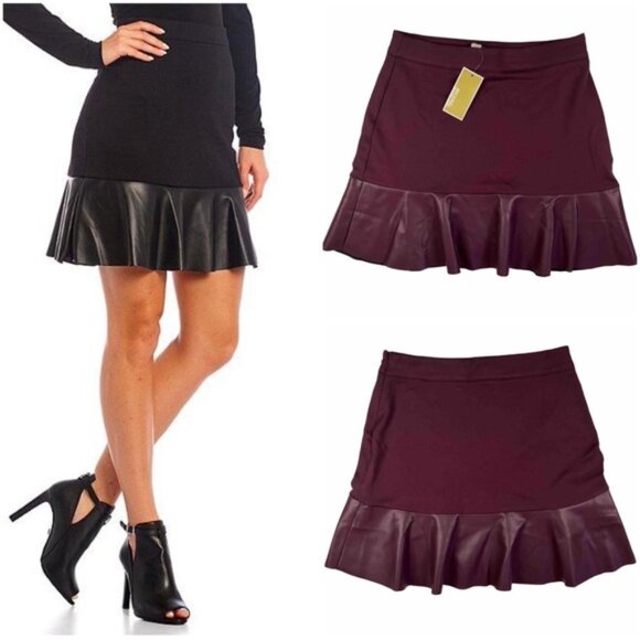 NWT MICHAEL MICHAEL KORS Cordovan Mixed-Media‎ Flare Mini Skirt Faux Leather - Picture 4 of 10
